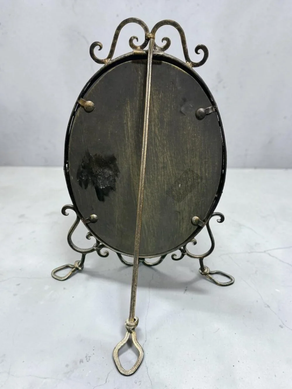 Vintage Ornate Oval Vanity Mirror With Cast Metal Frame & Decorative Stand